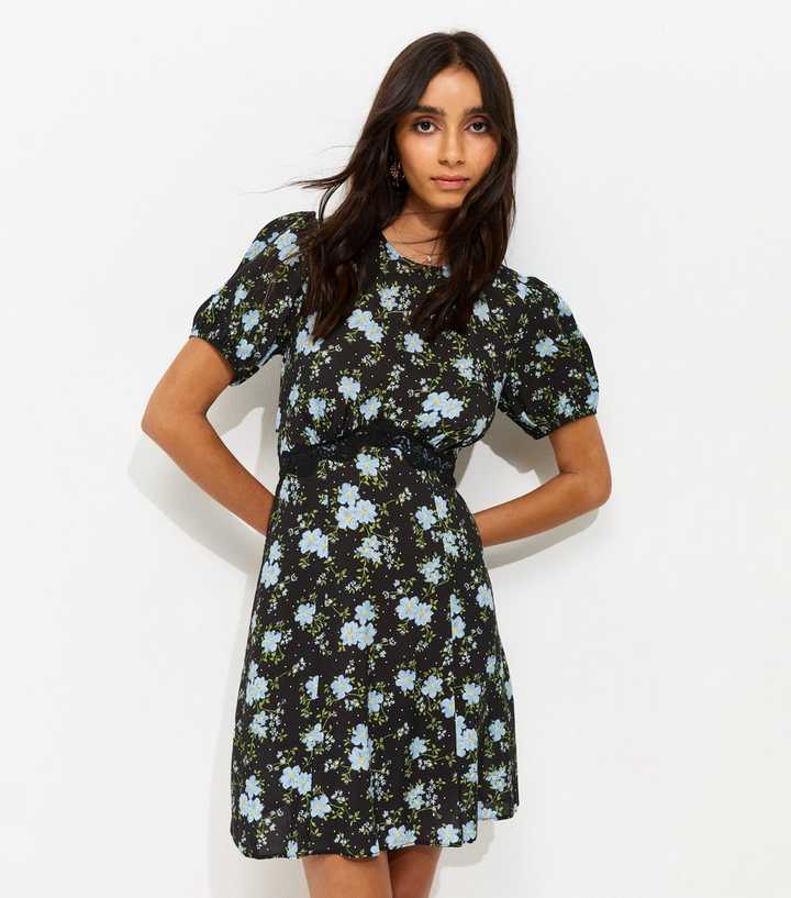 Black Floral Print Lace Trim Mini Dress