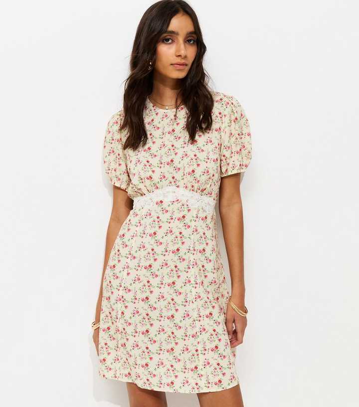 Cream Floral Print Lace Trim Mini Dress