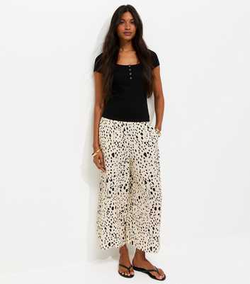 White Spot Print Cropped Wide Leg Trousers