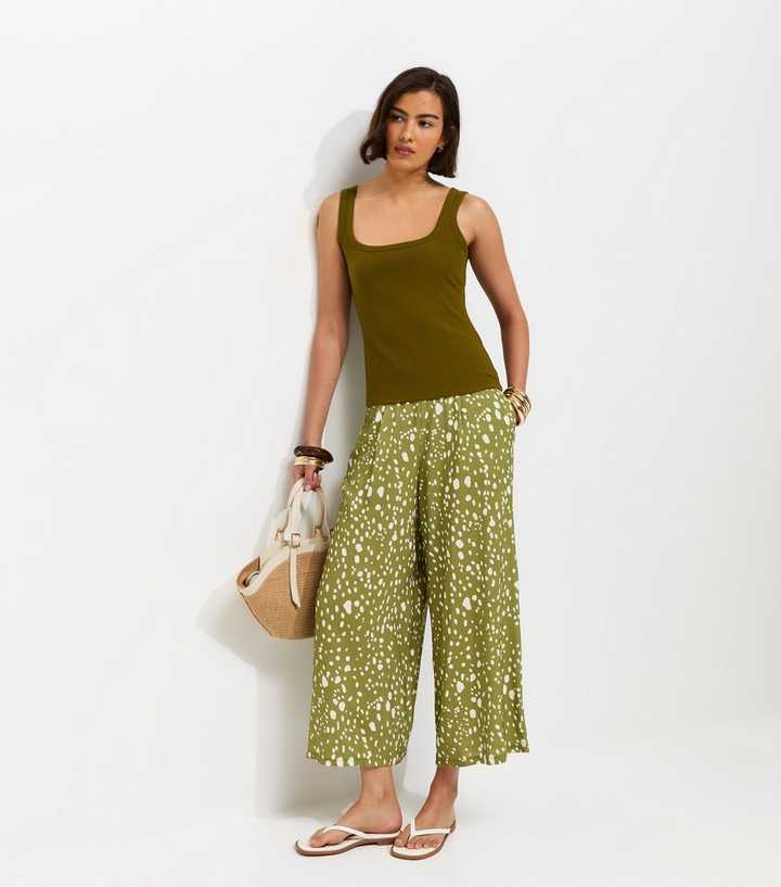 Green Spot Print Cropped Wide Leg Trousers