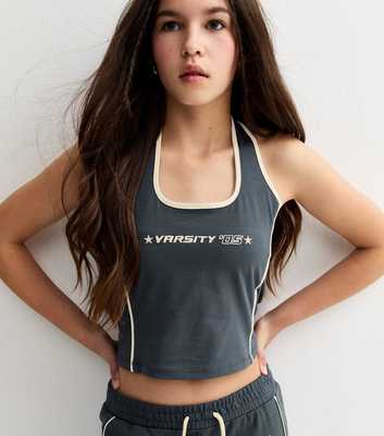 Dark Grey Varsity Logo Halter Neck Crop Top