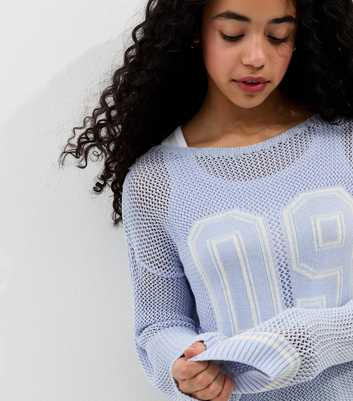 Girls Light Blue Open Knit Slash Neck Jumper