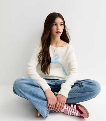 Girls Cream Slash Neck Bow Jumper