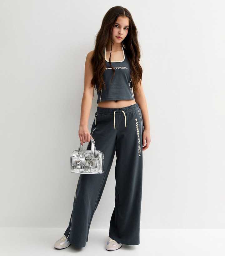 Girls Dark Grey Varsity Logo Wide Leg Joggers