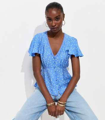 Blue Crinkle Texture Spot Print V-Neck Tea Blouse