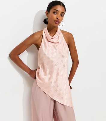 Light Pink Satin Jacquard Cowl Neck Asymmetric Top