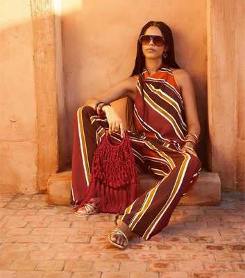 Brown Diagonal Stripe Cowl Neck Asymmetric Top