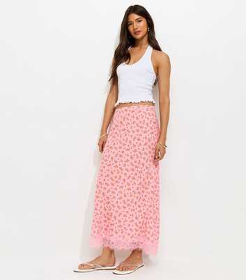 Pink Floral Print Lace Hem Maxi Skirt