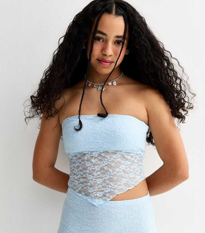 Girls Light Blue Lace Hanky Hem Bandeau Top