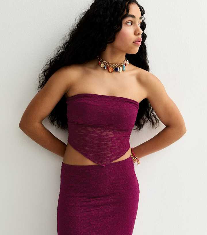 Girls Plum Lace Hanky Hem Bandeau Top