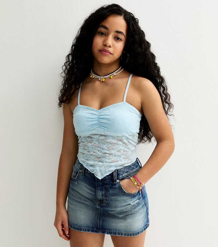 Girls Light Blue Butterfly Mesh Handkerchief Hem Cami Top