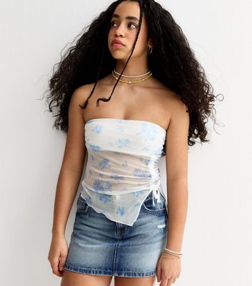 Girls White Butterfly Hem Floral Print Mesh Bandeau Top