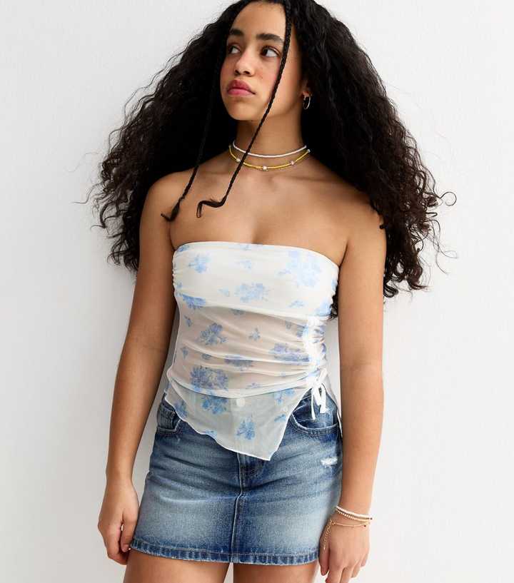 Girls White Butterfly Hem Floral Print Mesh Bandeau Top
