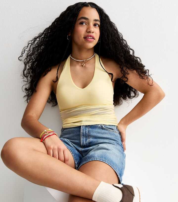 Girls Light Yellow Mesh Ruched Side Halter Neck Top