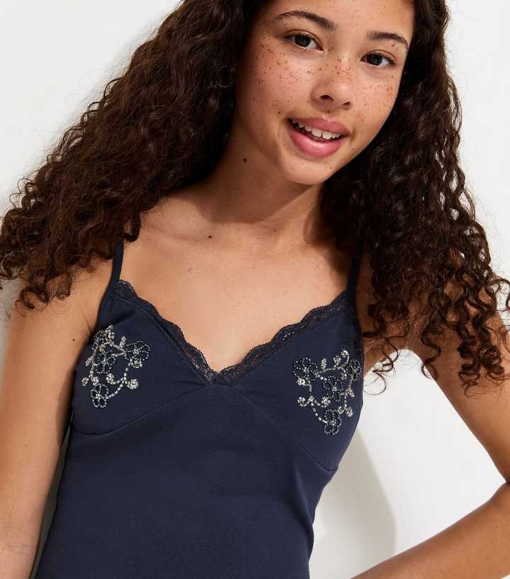 Girls Navy Beaded Fitted Cami Top