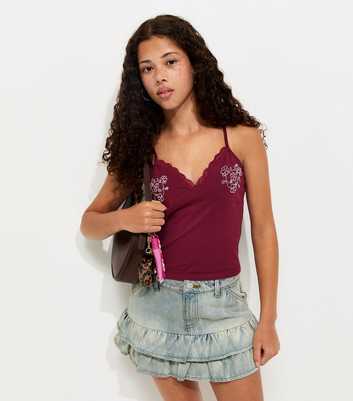 Girls Dark Burgundy Beaded Fitted Cami Top