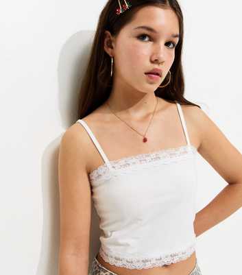 Girls White Lace Trimmed Cami Top