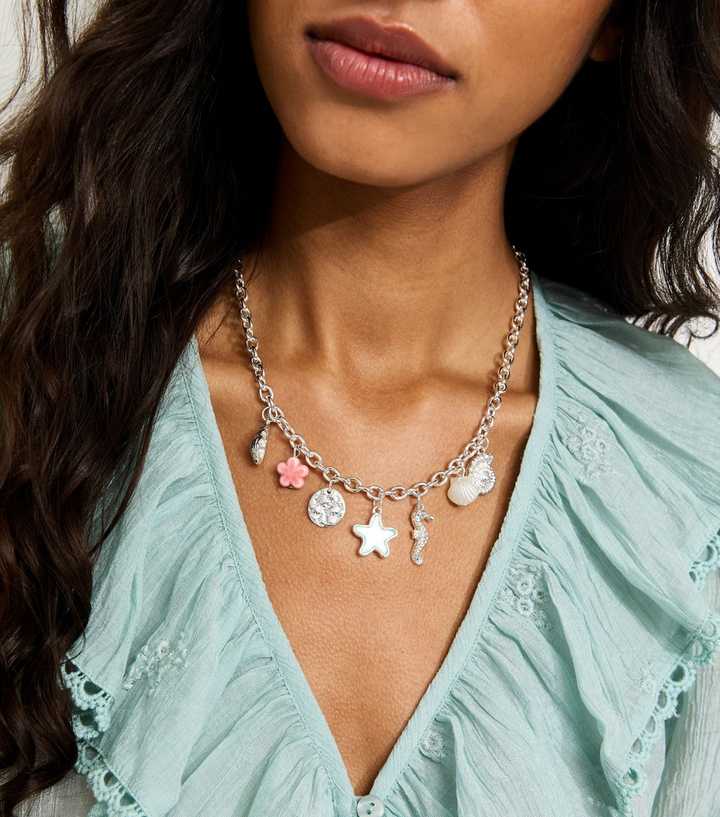 Silver Tone Shell and Starfish Charm Necklace