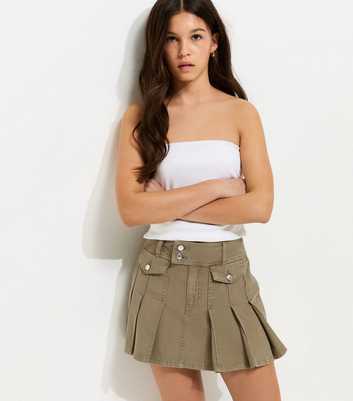 Girls Khaki Pleated Denim Cargo Skort