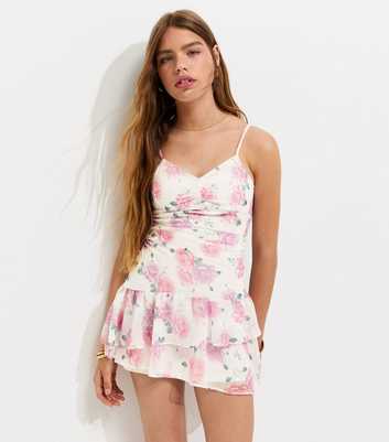 Girls Pink Chiffon Rose Print Strappy Mini Dress