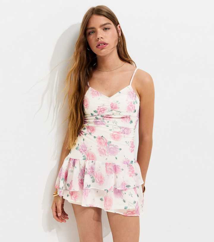 Girls Pink Chiffon Rose Print Strappy Mini Dress