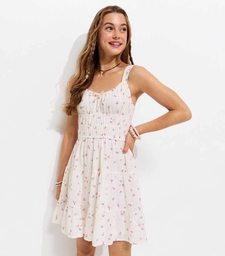 Girls White Rose Print Shirred Dress