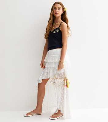Girls White Lace Asymmetric Hem Maxi Skirt