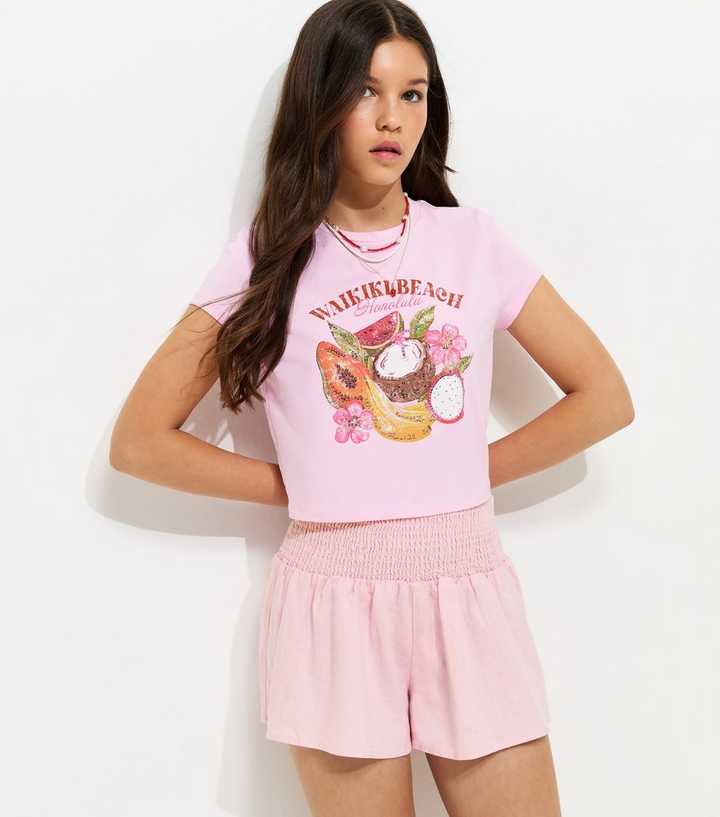 Girls Pink Shirred Waist Linen Rich Shorts