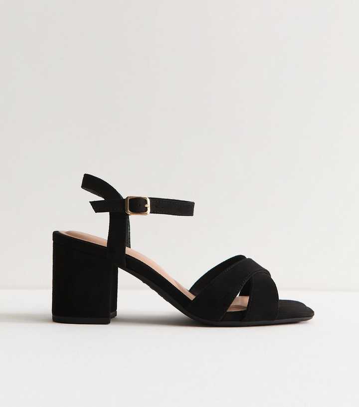 Wide Fit Black Block Heel Cross Strap Sandals