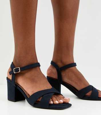 Wide Fit Navy Block Heel Cross Strap Sandals