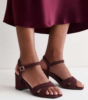 Wide Fit Dark Burgundy Block Heel Cross Strap Sandals