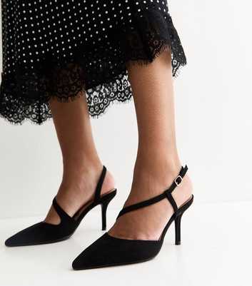 Black Faux Suede Strappy Slingback Court Shoes