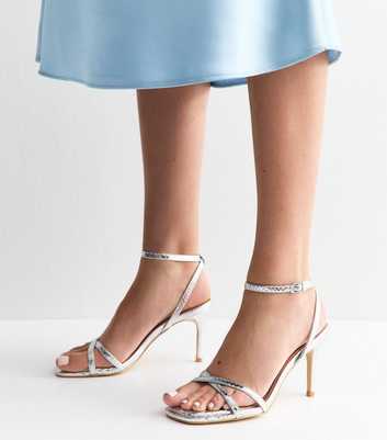 Silver Faux Leather Snake Embossed Strappy Stiletto Sandals
