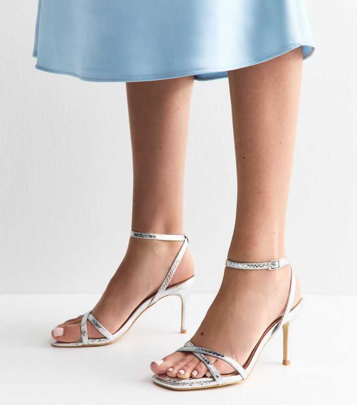 Silver Faux Leather Snake Embossed Strappy Stiletto Sandals