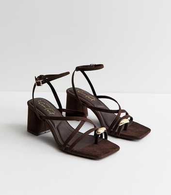 Dark Brown Faux Suede Metal Toe Loop Block Heel Sandals