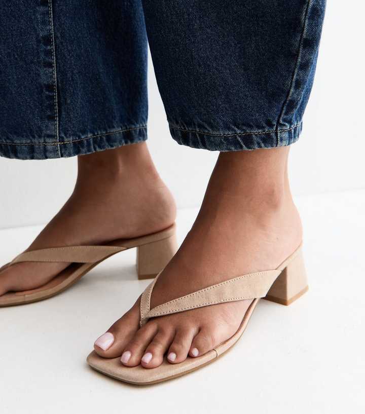 Light Brown Faux Suede Toe Post Block Heel Sandals