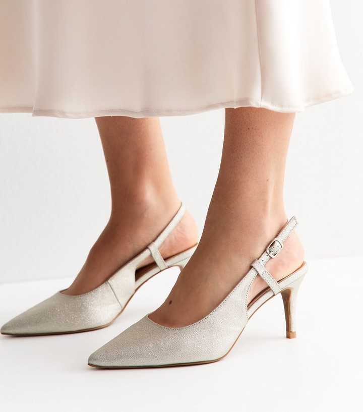 Wide Fit Silver Faux Leather Shimmer Slingback Court Shoes