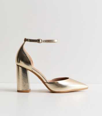 Wide Fit Gold Faux Leather Ankle Strap Court Shoes