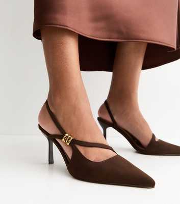 Dark Brown Asymmetric Strap Slingback Court Shoes