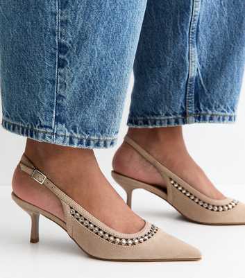 Light Brown Faux Suede Studded Slingback Court Shoes