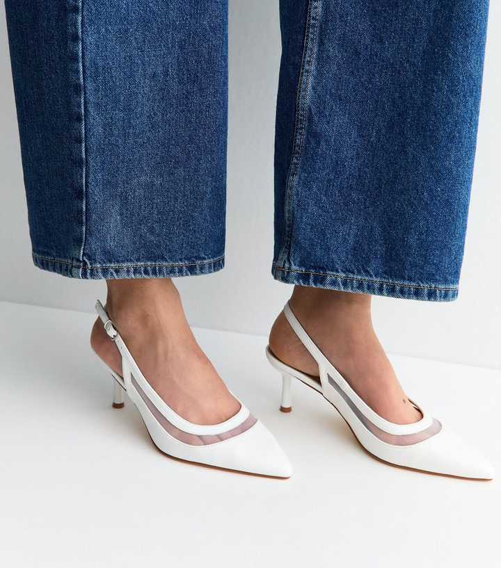 White Mesh Panel Slingback Court Shoes