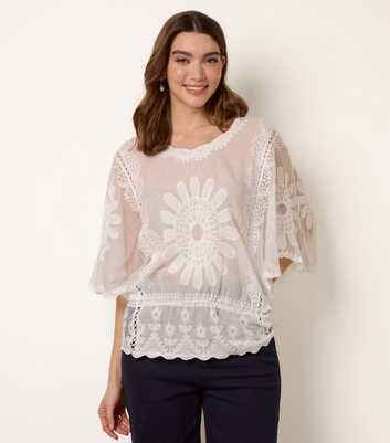Blue Vanilla Off White Embroidered Sunflower Blouse