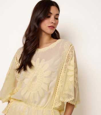 Blue Vanilla Yellow Sunflower Lace Trim Blouse