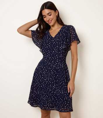 Blue Vanilla Navy Polka Dot V Neck Tieback Minidress