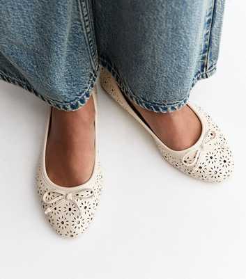 Extra Wide Fit White Floral Cutout Ballet Pumps