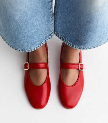 Bright Red Faux Leather Mary Jane Ballet Pumps