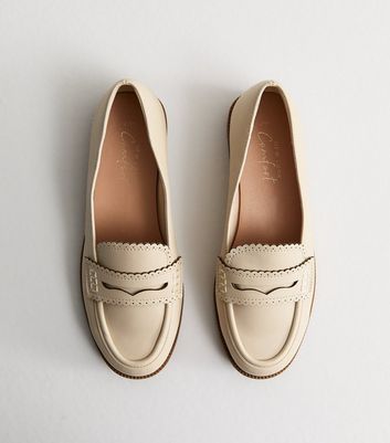 Off White Faux Leather Scalloped Penny Loafers