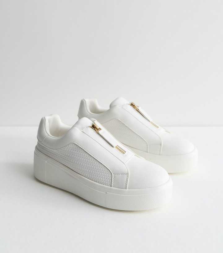 White Faux Leather Zip Top Wedge Trainers