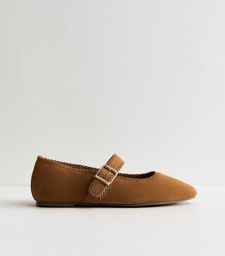 Premium Real Suede Tan Faux Scallop Edge Mary Jane Flats