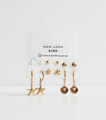 Pack of 6 Gold Tone Starfish Stud and Drop Hoop Earrings